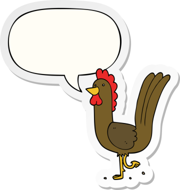 Bir insan tarafından çizilmiş konuşma kabarcığı çıkartmalı çizgi film horozu.