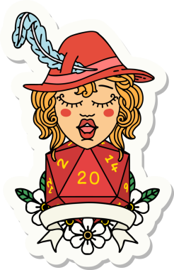 Bir insan ozan karakterinin çıkartması. Bir insan tarafından çizilmiş doğal 20 zar.