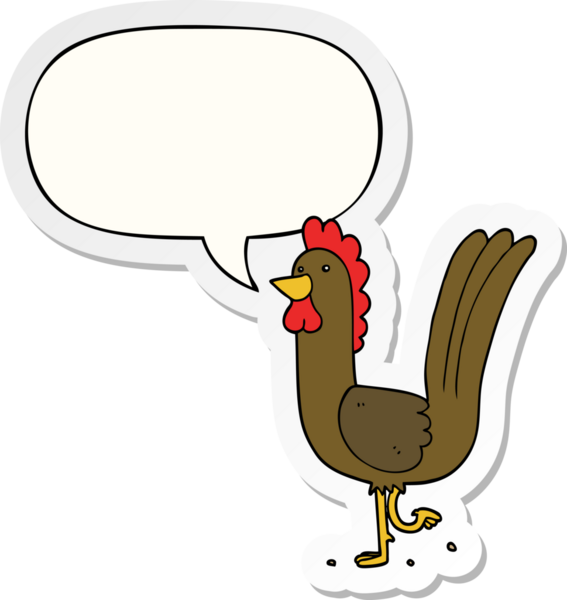 Bir insan tarafından çizilmiş konuşma kabarcığı çıkartmalı çizgi film horozu.