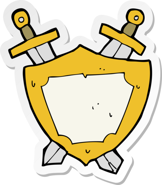 Çizgi film kalkanı çıkartması ve bir insan tarafından çizilmiş kılıçlar.