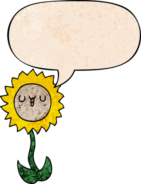 Konuşma baloncuğu olan karikatür çiçeği insan tarafından çizilmiş eski moda dokular.