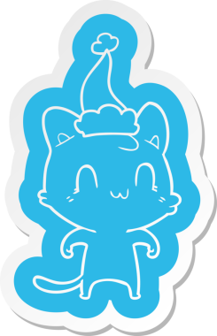 Bir insan tarafından çizilmiş Noel Baba şapkası takan mutlu bir kedinin garip çizgi film etiketi.