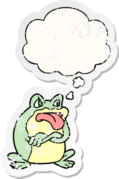 Huysuz karikatür kurbağası. Düşünce baloncuğu insan tarafından çizilmiş yıpranmış bir çıkartma.