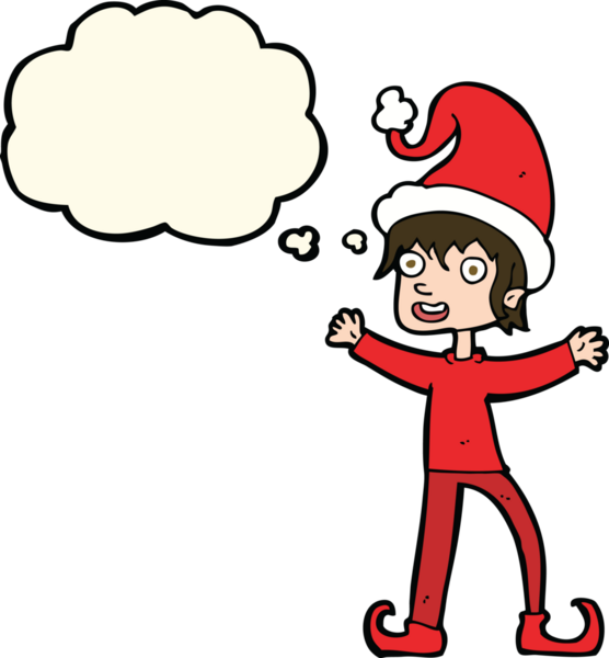 Bir insan tarafından çizilmiş düşünce baloncuğuyla Noel elfini heyecanlandıran çizgi film