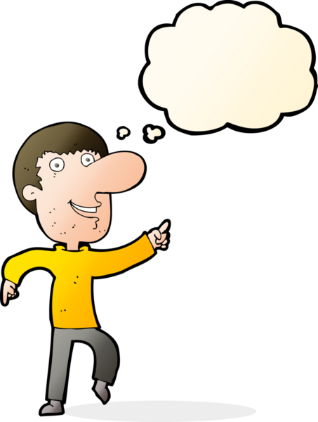 Bir insan tarafından çizilmiş düşünce baloncuğuyla dans eden mutlu adam çizgi filmi.