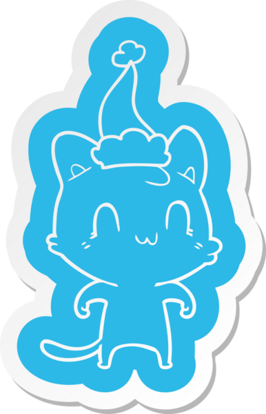 Bir insan tarafından çizilmiş Noel Baba şapkası takan mutlu bir kedinin garip çizgi film etiketi.