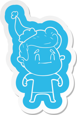 Bir insan tarafından çizilmiş Noel Baba şapkası giyen bir adamın komik çizgi film çıkartması.