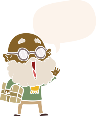 Komik sakallı ve kolunun altında bir insan tarafından çizilmiş eski usul konuşma baloncuğu olan neşeli adam.