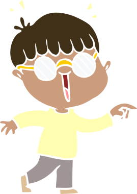 Bir insan tarafından çizilmiş gözlük takan düz renkli çizgi film çocuğu.