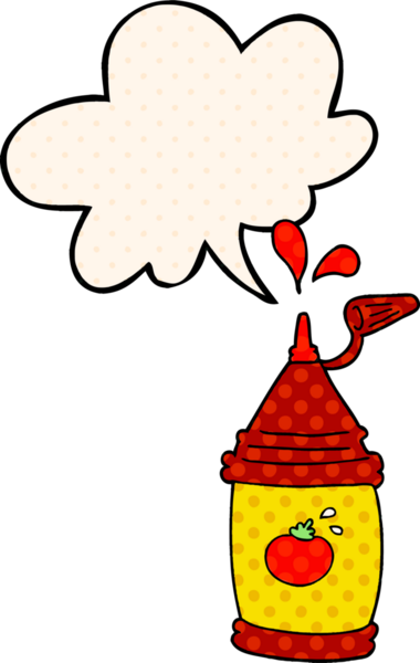 Bir insan tarafından çizilmiş çizgi roman tarzında konuşma balonu olan ketçap şişesi.