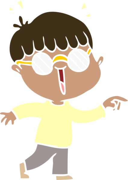 Bir insan tarafından çizilmiş gözlük takan düz renkli çizgi film çocuğu.