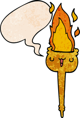 bir insan tarafından çizilmiş eski dokuda konuşma baloncuğu ile yanan çizgi film meşalesi