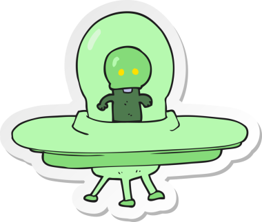 Bir insan tarafından çizilmiş uçan dairedeki uzaylı çizgi film etiketi.