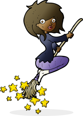 Bir insan tarafından çizilmiş süpürgeye binen cadı çizgi filmi.