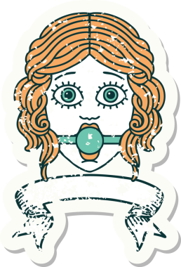 Üzerinde kadın yüzü işareti olan eski bir çıkartma bir insan tarafından çizilmiş bir top takıyor.