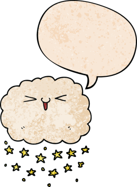 Mutlu karikatür bulutu. Konuşma baloncuğu ile insan tarafından çizilmiş eski moda dokular.