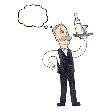 Bir insan tarafından çizilmiş serbest çizim düşünce balonu desenli çizgi film garsonu.