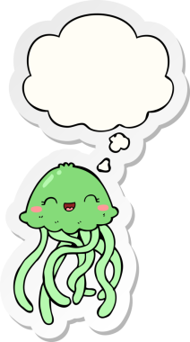 Bir insan tarafından çizilmiş, düşünce baloncuklu şirin denizanası çizgi filmi.