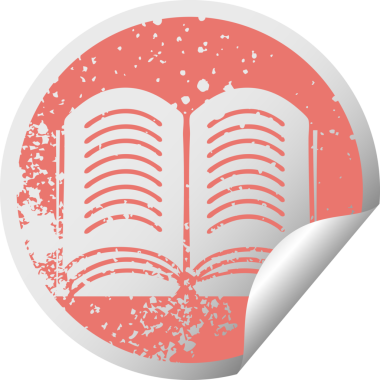 Bir insan tarafından çizilmiş açık bir kitabın sıkıntılı, dairesel soyma etiketi.