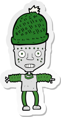 Bir insan tarafından çizilmiş şapka takan robot çizgi film etiketi.