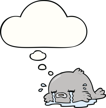 Bir insan tarafından çizilmiş düşünce balonlu ağlayan balık çizgi filmi.