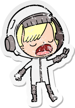 Bir insan tarafından çizilmiş barış işareti veren karikatür astronotunun sıkıntılı çıkartması