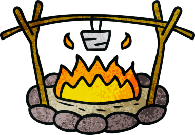 Bir insan tarafından çizilmiş bir kamp alanının el çizimi karikatürü.