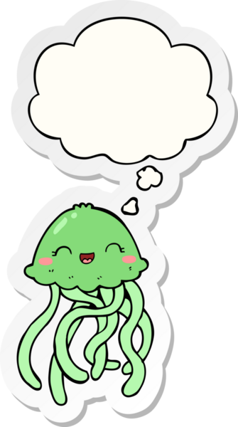 Bir insan tarafından çizilmiş, düşünce baloncuklu şirin denizanası çizgi filmi.