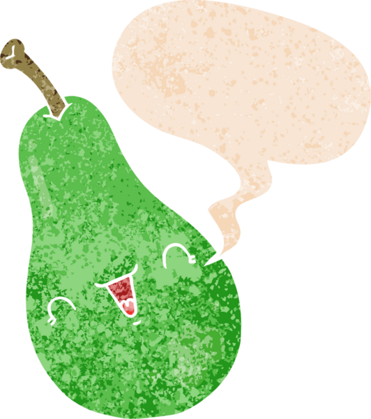 bir insan tarafından çizilmiş grunge sıkıntılı retro desenli armut konuşma balonu ile çizgi film armudu