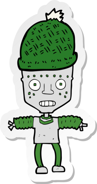 Bir insan tarafından çizilmiş şapka takan robot çizgi film etiketi.