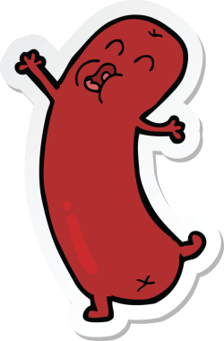 Bir insan tarafından çizilmiş dans eden sosisin çıkartması.