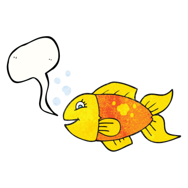 Bir insan tarafından çizilmiş serbest konuşma balonu desenli karikatür balığı.