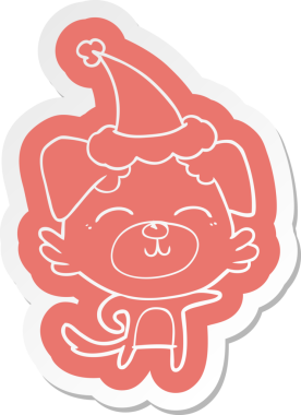 Bir insan tarafından çizilmiş Noel Baba şapkası giyen bir köpeğin garip çizgi film etiketi.