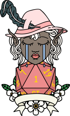 Retro Dövme Tarzı Ağlayan Elf Ozan Karakteri Bir insan tarafından çizilmiş doğal D20 rulo