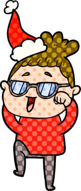 Bir insanın çizdiği Noel Baba şapkası takan mutlu bir kadının el çizimi çizgi roman tasviri.