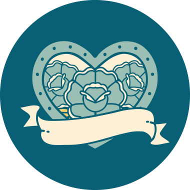 İkonik dövme stili bir kalp ve bir insan tarafından çizilmiş çiçekli pankart.