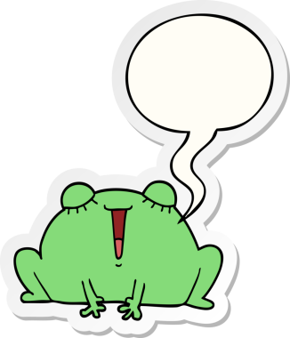 Bir insan tarafından çizilmiş konuşma kabarcığı çıkartmalı şirin bir kurbağa.