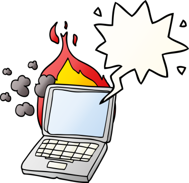 bir insan tarafından çizilmiş, konuşma baloncuklu çizgi film bozuk dizüstü bilgisayar.