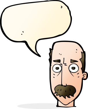 Bir insan tarafından çizilmiş konuşma balonlu bıyıklı bir çizgi film adamı.