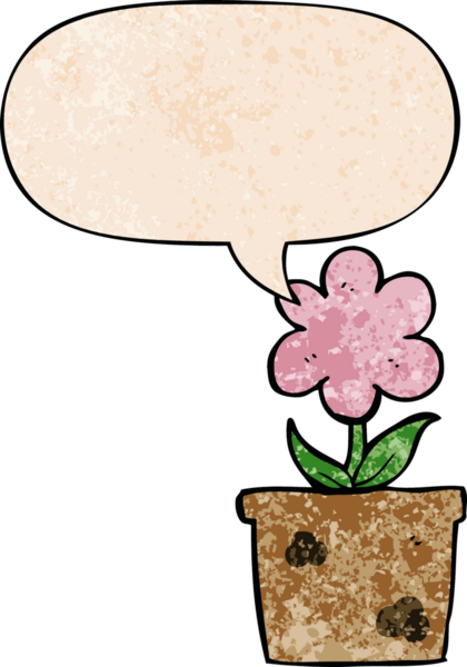 Bir insan tarafından çizilmiş geçmişe dönük desenli konuşma baloncuğu olan sevimli bir karikatür çiçeği.