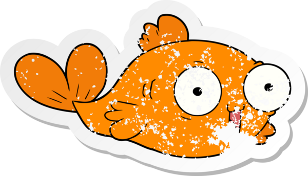 Bir insan tarafından çizilmiş mutlu bir Japon balığı çizgi filminin sıkıntılı çıkartması.