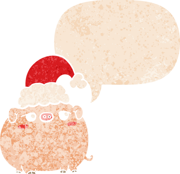 Karikatür domuzu Noel şapkası takıyor ve grunge şeklinde konuşma balonu takıyor. Eski moda bir insan tarafından çizilmiş.