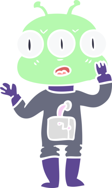 Düz renkli karikatür. Bir insan tarafından çizilmiş üç gözlü uzaylı.