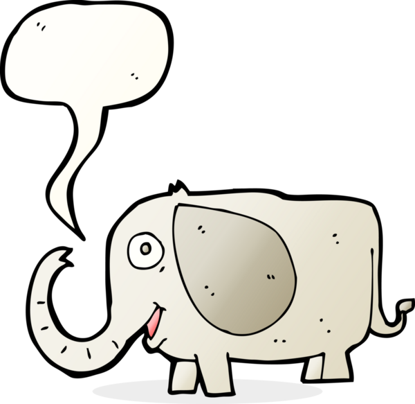 Bir insan tarafından çizilmiş konuşma balonlu bebek fil.