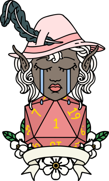 Retro Dövme Tarzı Ağlayan Elf Ozan Karakteri Bir insan tarafından çizilmiş doğal D20 rulo