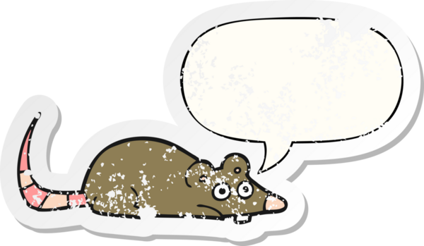 Konuşma baloncuğu olan çizgi film faresi bir insan tarafından çizilmiş sıkıntılı eski bir çıkartma