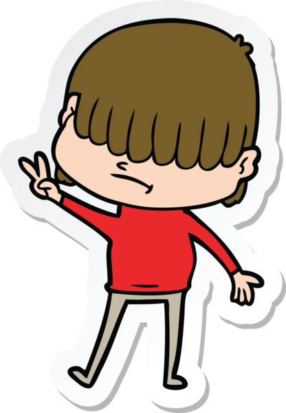 Bir insan tarafından çizilmiş dağınık saçlı çizgi film çocuğunun çıkartması.