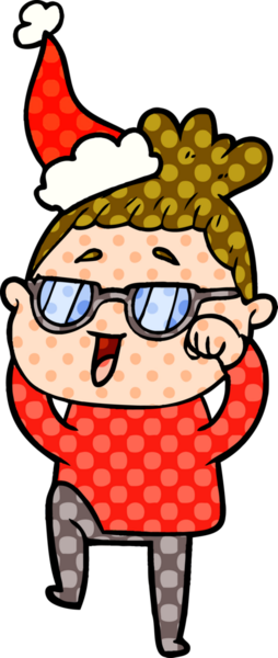 Bir insanın çizdiği Noel Baba şapkası takan mutlu bir kadının el çizimi çizgi roman tasviri.