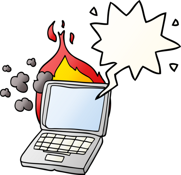 bir insan tarafından çizilmiş, konuşma baloncuklu çizgi film bozuk dizüstü bilgisayar.