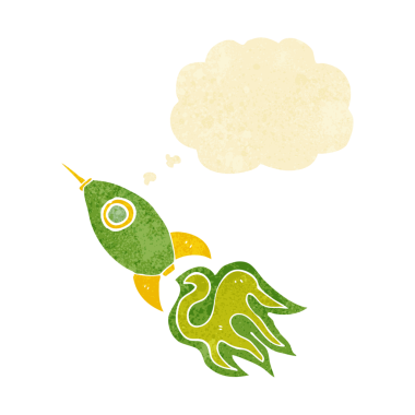 Bir insan tarafından çizilmiş düşünce baloncuklu uzay roketi.